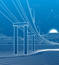 Outline road bridge. Car overpass. Train rides. Infrastructure illustration. Vector design art. White lines on blue background.